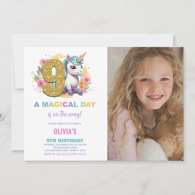 Bild på 9:e födelsedag Unicorn Birthday Inbjudan (Framsida)