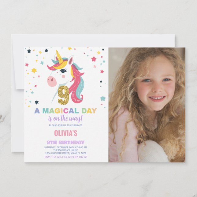 Bild på 9:e födelsedag Unicorn Birthday Inbjudan (Framsida)