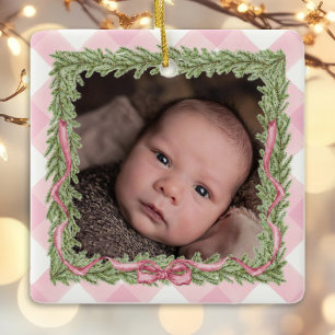 Bild på Baby 1st jul rosa gingham Julgransprydnad Keramik