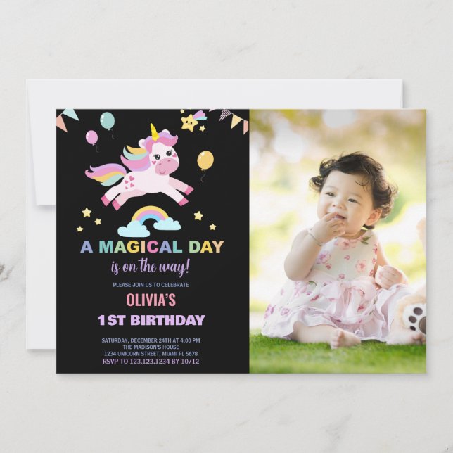 Bild på Balloons Flaggor Unicorns Birthday-inbjudn Inbjudningar (Framsida)