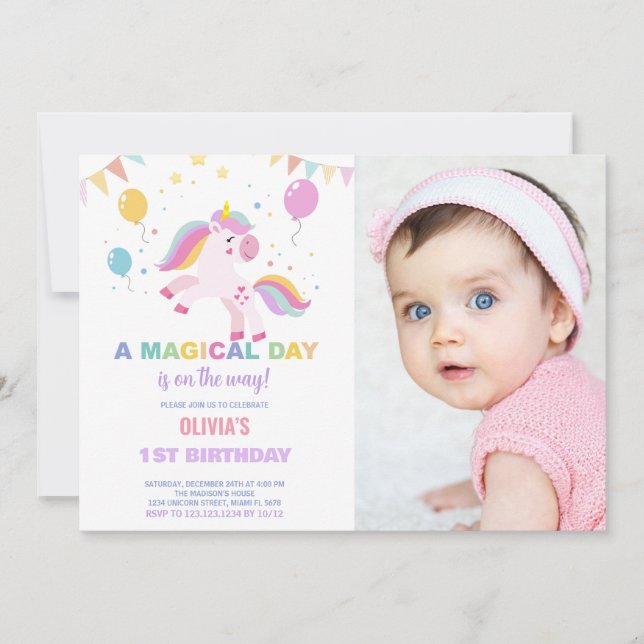 Bild på Balloons Flaggor Unicorns Birthday-inbjudn Inbjudningar (Framsida)
