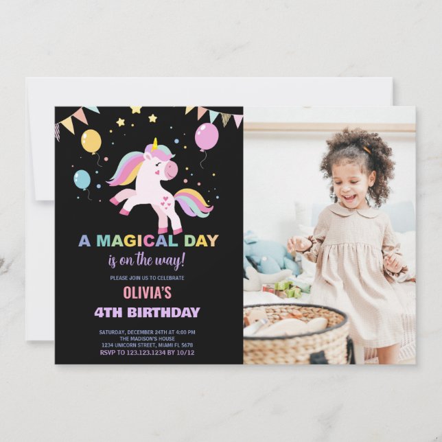Bild på Balloons Flaggor Unicorns Birthday-inbjudn Inbjudningar (Framsida)