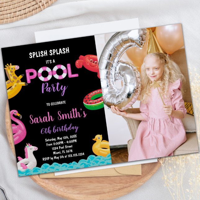 Bild på Bassäng-födelsedagsinbjudan till Black Red Inbjudningar (Black Red Green Pool Birthday Invitations photo)