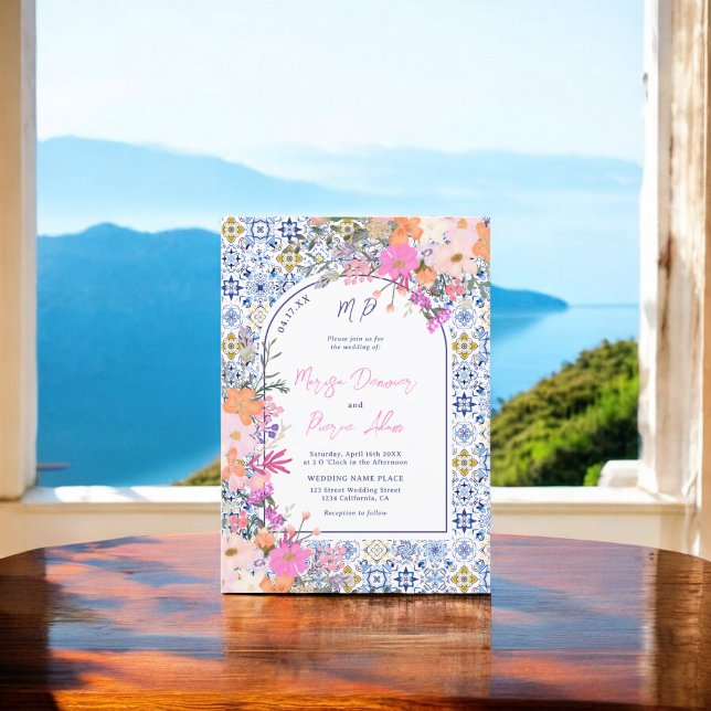 Bild på blommigten bröllop i italienska blå platto inbjudningar (Italian blue tiles watercolor floral photo wedding invitation)