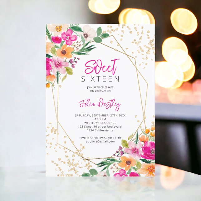 Bild på blommigten guld glitter, Sverige 16 Inbjudningar (Gold glitter floral illustration photo Sweet 16 Invitation)