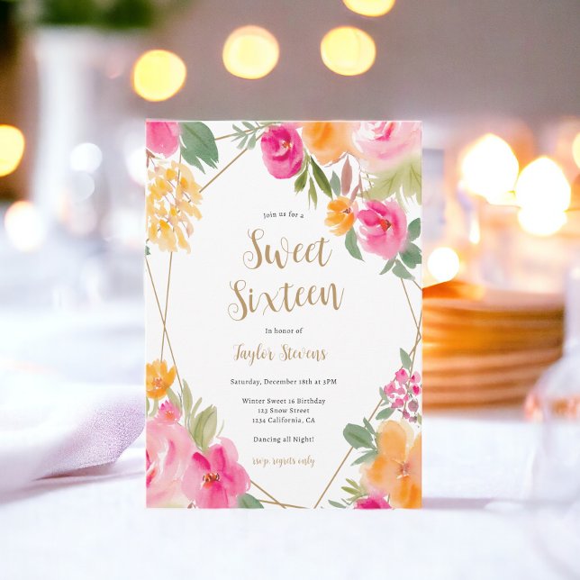 Bild på Blommigten Ljusstark rosa Färg 16 Inbjudningar (Bright pink colorful Floral illustration Sweet 16 Invitation)