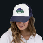 Bild på Camper Van with Pop Up Tält Anpassningsbar Keps<br><div class="desc">Skapa en personlig för en anpassningsbar souvenir från din egen camping resa när du lägger till texten till basebollhatten eller lastbilschaufförernas hatt. Detta illustrerar en kamper fläkt med ett popup-fönster tält vid tak och illustreras som en månbelyst natt i skogen med ett måne i en stjärnfylld indigobo himlar som lyser...</div>