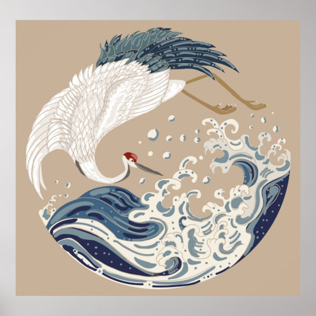 Bild på Crane och japanska vågor. Traditionell Poster (Framsidan)