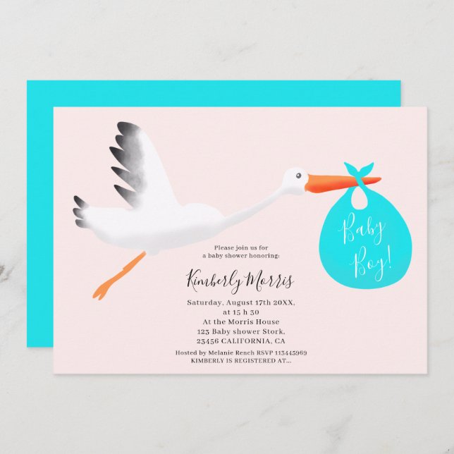 Bild på Cute stork rosa bag dusch i pojke Inbjudningar (Fram/baksida)