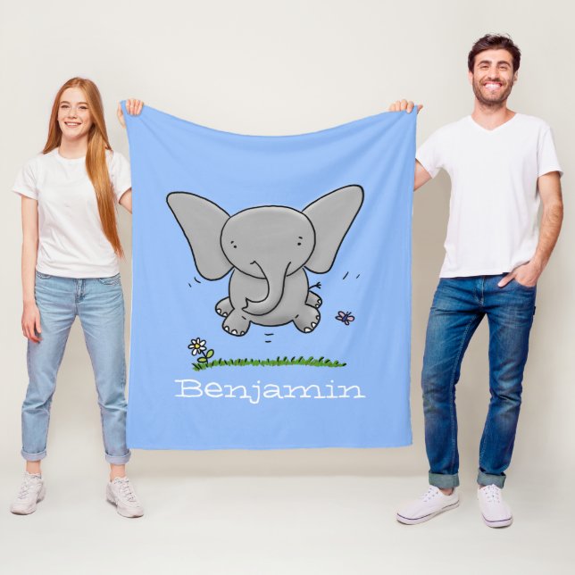 Bild på den blå tecknaden Cute baby elephant Blue Fleecefilt (På plats)