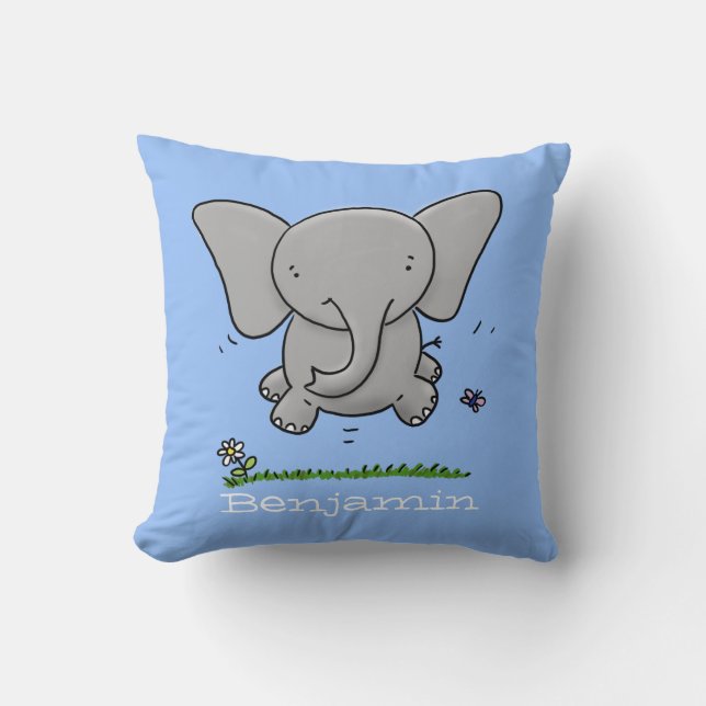 Bild på den blå tecknaden Cute baby elephant Blue Kudde (Framsida)