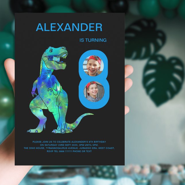 Bild på Dinosaur 8th Födelsedagsfest Anpassningsba Inbjudningar (Dinosaur 8th birthday party photo invitation with colorful T-Rex dino)