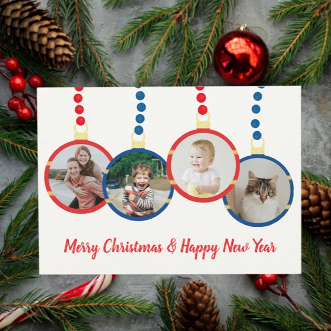 Bild på färgstarka återjullornament julkort (Vintage Christmas ornaments photo card with custom text)