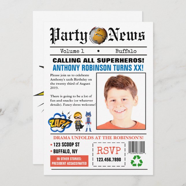 Bild på Födelsedagsfesten Inbjudan i tidningen Sup (Fram/baksida)