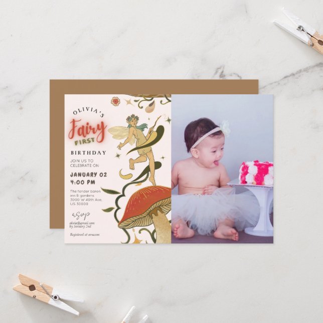 Bild på första födelsedag av Mushroom Forest Fairy Inbjudningar (Fram/Back In Situ)