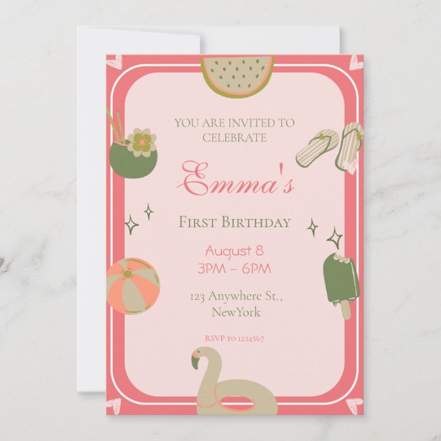 Bild på första födelsedag i Bassäng Party. Inbjudningar (Framsida)