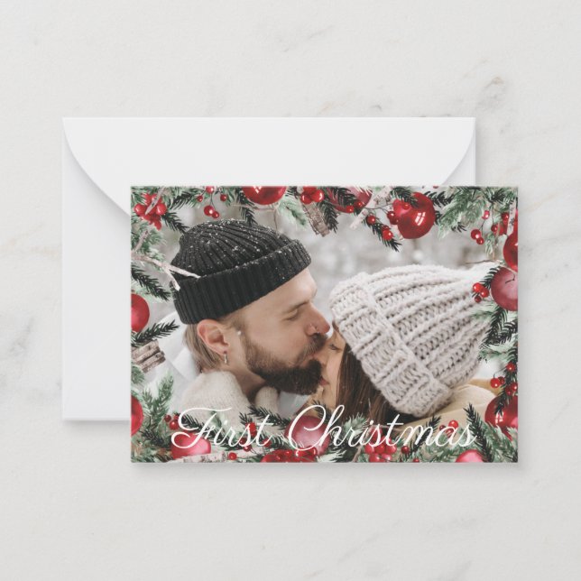 Bild på första julmas-helgdag med gröna prydnadsfö anteckningskort (Framsida)