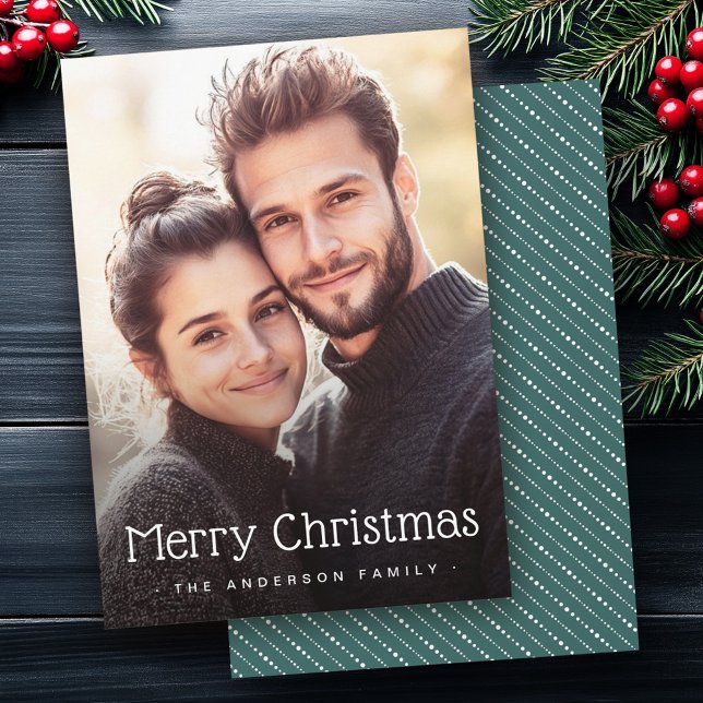 Bild på god jul söt prickad rand-grönt julkort (Merry Christmas cute dotted stripes green photo Holiday Card)
