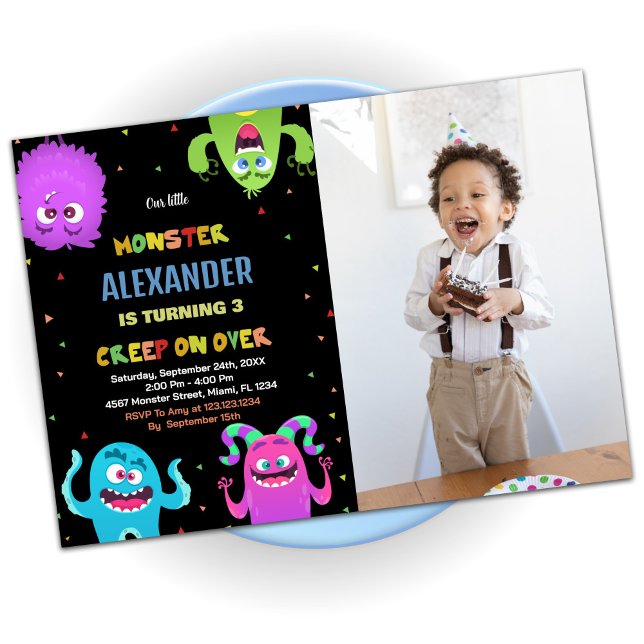 Bild på Grönten Monster Birthday-inbjudningar, sva Inbjudningar (Monster Birthday Invitations Green Black photo)
