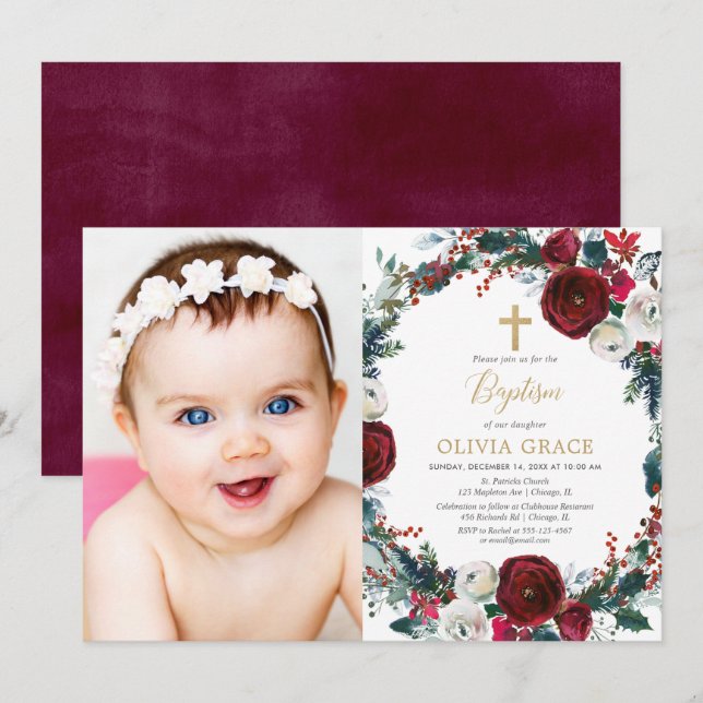 Bild på guld julbaptism i elegant inbjudningar (Fram/baksida)