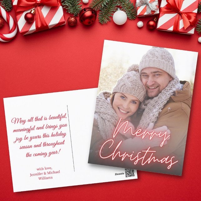 Bild på handskrift av god jul röd nyon helg vykort (Skapare uppladdad)