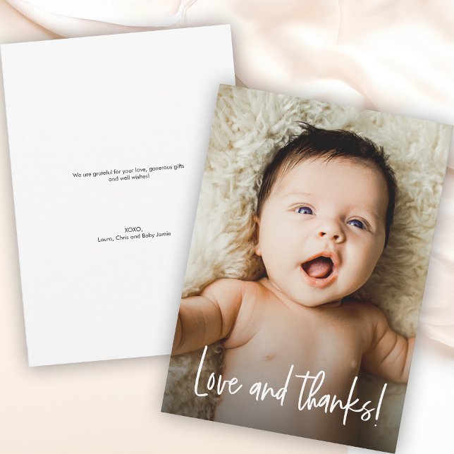 Bild på kärlek och tack för babyduschen kort (Customizable baby photo Love and thanks! baby shower thank you card.)