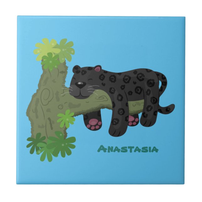 Bild på kattens tecknad i Cute jaguar Black panthe Kakelplatta (Framsidan)