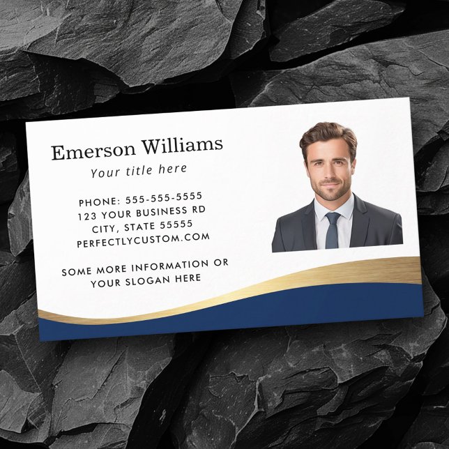 Bild på mörk blått faux golden wave-anpassningsbar visitkort (Dark blue faux golden wave custom photo business card)