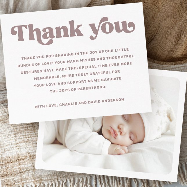 Bild på Retro font nyfödd bebis Tack Kort (Retro font new baby baptism photo thank you card)