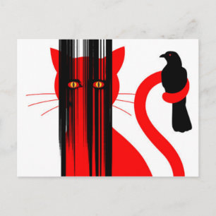 Bild på rödkatt och svart fågel vykort