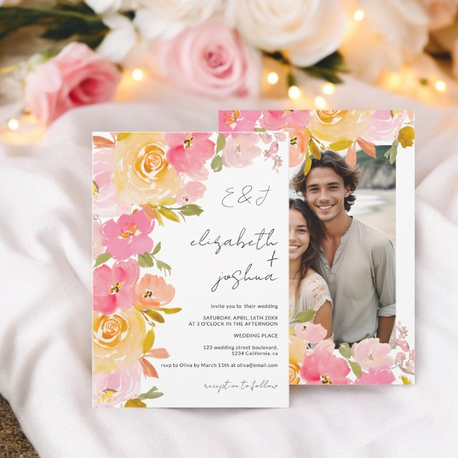 Bild på Romantic boho rosa gult blommigt bröllop Inbjudningar (Romantic boho pink yellow floral photo wedding invitation)