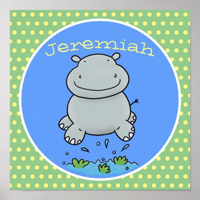 Bild på tecknaden Cute baby som hoppar över hippo Poster (Framsidan)