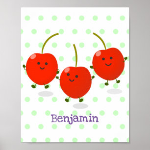 Bild på tecknaden Cute-hoppande röda körsbär Poster