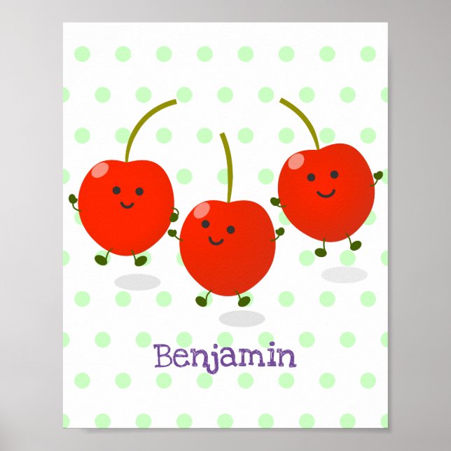 Bild på tecknaden Cute-hoppande röda körsbär Poster (Framsidan)