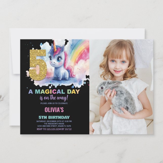 Bild på Unicorn Birthday Inbjudan för 5:e födelsed (Framsida)