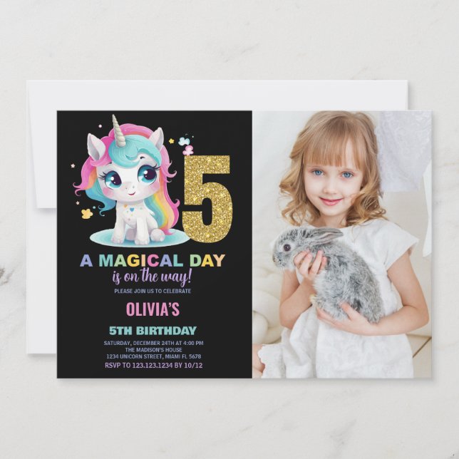 Bild på Unicorn Birthday Inbjudan för 5:e födelsed (Framsida)