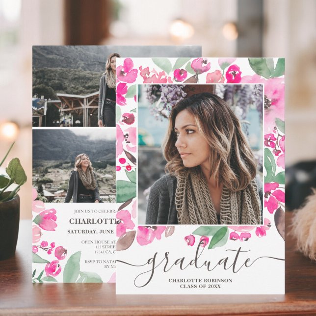 Bild studenten på Bright rosa Greenery script Inbjudningar (Bright pink greenery script photo graduation invitation)