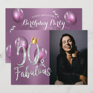 Bildande 50 Modern Lila Girl Photo 50:e födelsedag Inbjudningar