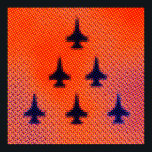 Bildande av F16s i Orange. Pop Art Poster<br><div class="desc">Bildandet av F16s i Orange Pop Art. Inspirerad av några av Andy's work, t.ex. "Car Crash in Orange" Design har en stor halvtonseffekt för att kunna ge designen av en tryckt popup-skärm. Över hela färg är Orange och flygplan är mörk blått, även om mönstret även omfattar punkter i magenta, gult...</div>