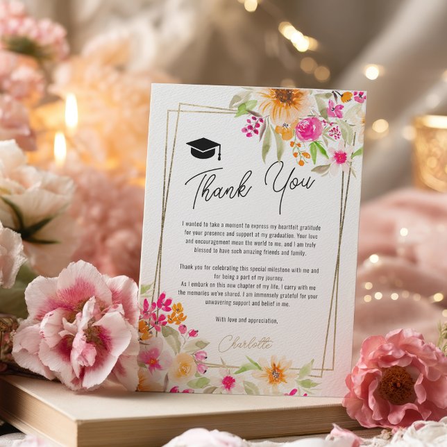 Bilden guld i blommigt i sommarträdgården studente tack kort (Summer garden floral gold photo graduation thank you card)
