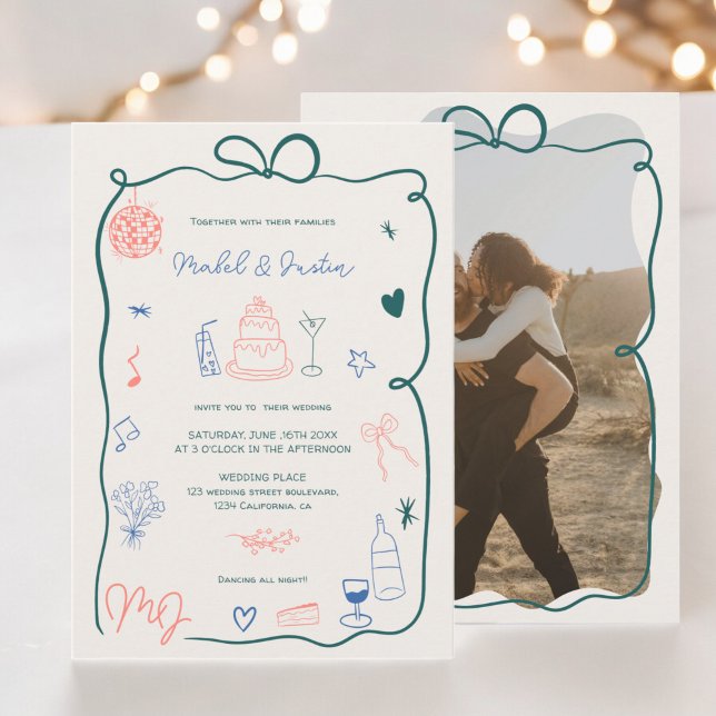 Bilden på menyfliksområdet Retro initialer illustr Inbjudningar (Retro initials ribbon illustrated photo wedding invitation)