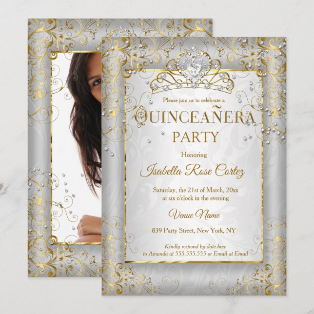 Bilden party i Quinceanera Silver White Guld Tiara Inbjudningar (Fram/baksida)