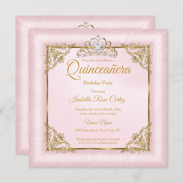 Bilden Quinceanera  Rosa Damask Guld Tiara 2 Inbjudningar (Fram/baksida)