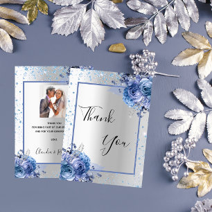 Bilden Silver blå blommigt glitter bröllop Tack Kort