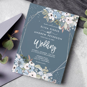 Bilden silver i Winter-dammiga blå blommigt bröllo Inbjudningar