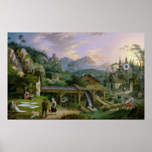 Bilden tar tid på med plats av en alpin by poster