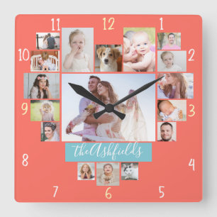 Bilder för hjärta 17 för familjfotoCollage namn Fyrkantig Klocka