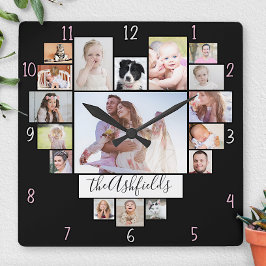 Bilder för hjärta 17 för familjfotoCollage namnger Fyrkantig Klocka