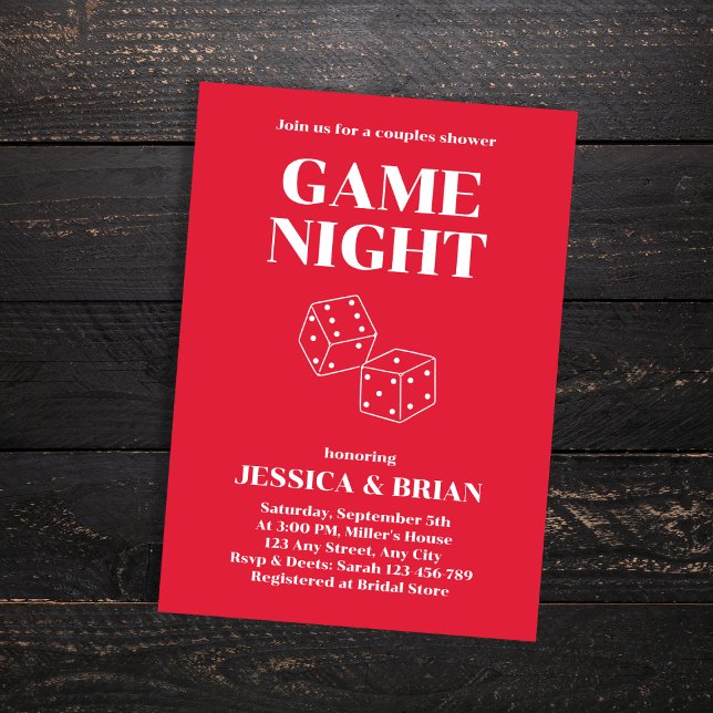 Bilder för Par av  av matcha Natt Red Retro-tecken Inbjudningar (Game Night Red Retro Font Dices Couples Shower Invitation)