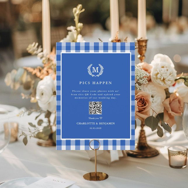 BILDER HÄNDER! Galleri för QR-kod Blue Gingham Brö (PICS HAPPEN! QR Code Blue Gingham Wedding Gallery Card)